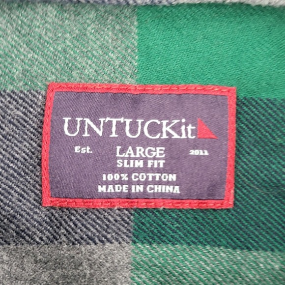 UNTUCKit Men's Large Slim Fit Plaid Flannel Long Sleeve Shirt Green Navy Gray - Picture 4 of 7